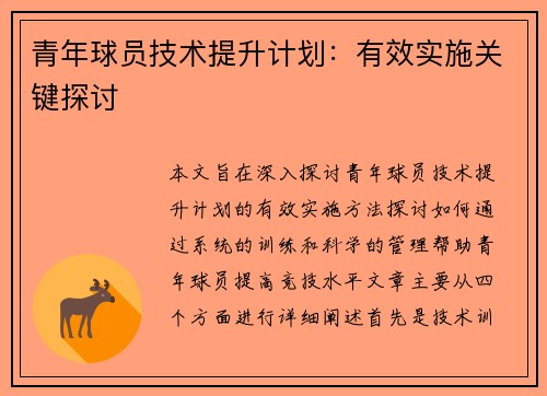 青年球员技术提升计划：有效实施关键探讨