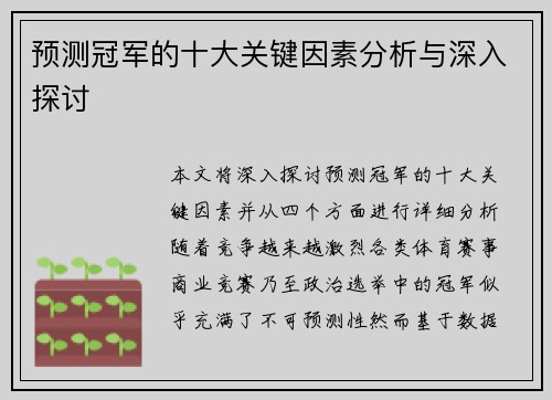 预测冠军的十大关键因素分析与深入探讨