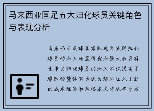 马来西亚国足五大归化球员关键角色与表现分析