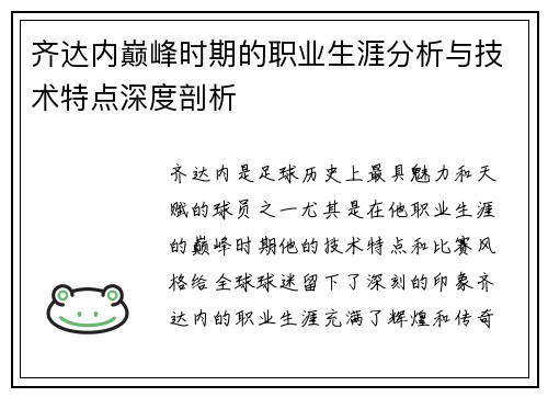 齐达内巅峰时期的职业生涯分析与技术特点深度剖析